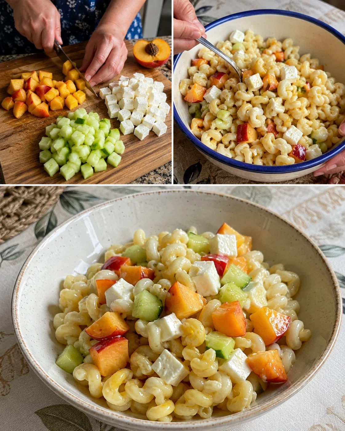 Cold pasta salad featuring peaches, cucumber, and fresh cheese for a refreshing dish