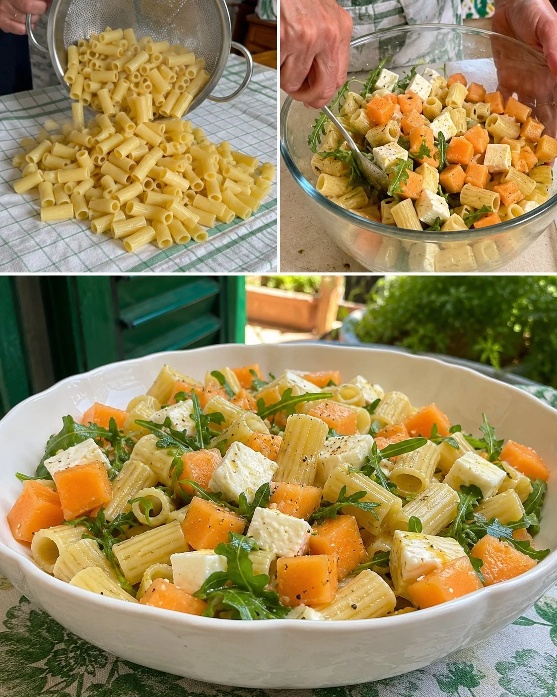 Cold pasta salad with melon and mozzarella on a plate