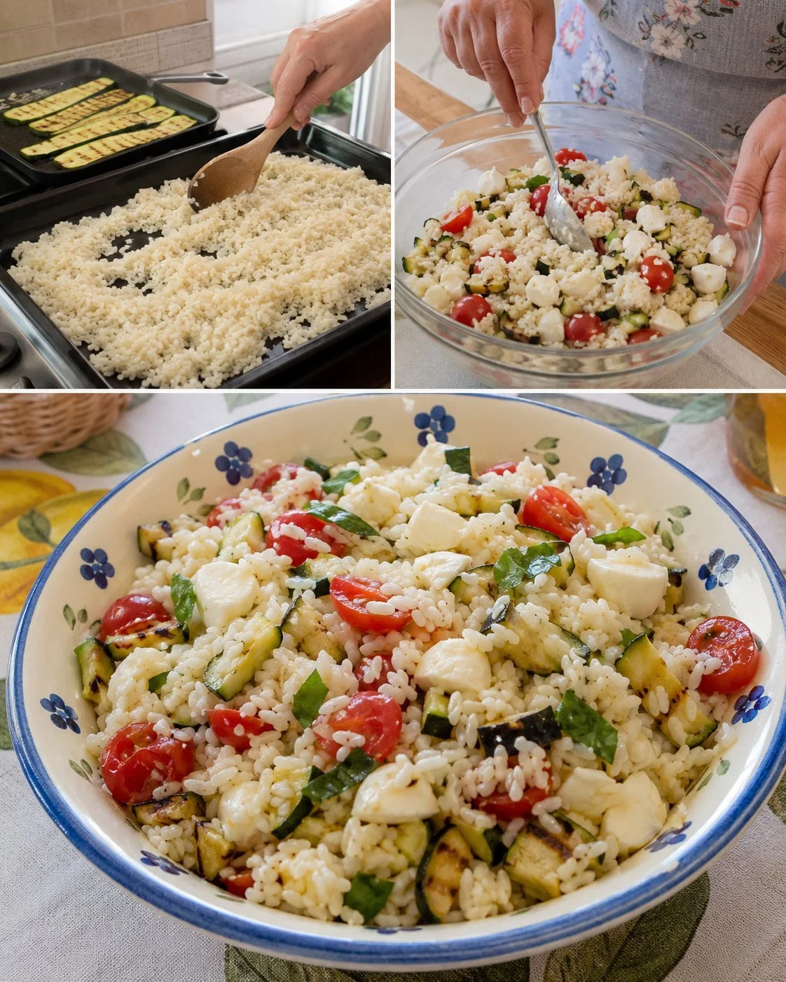 A bowl of cold rice topped with grilled zucchini and mozzarella.