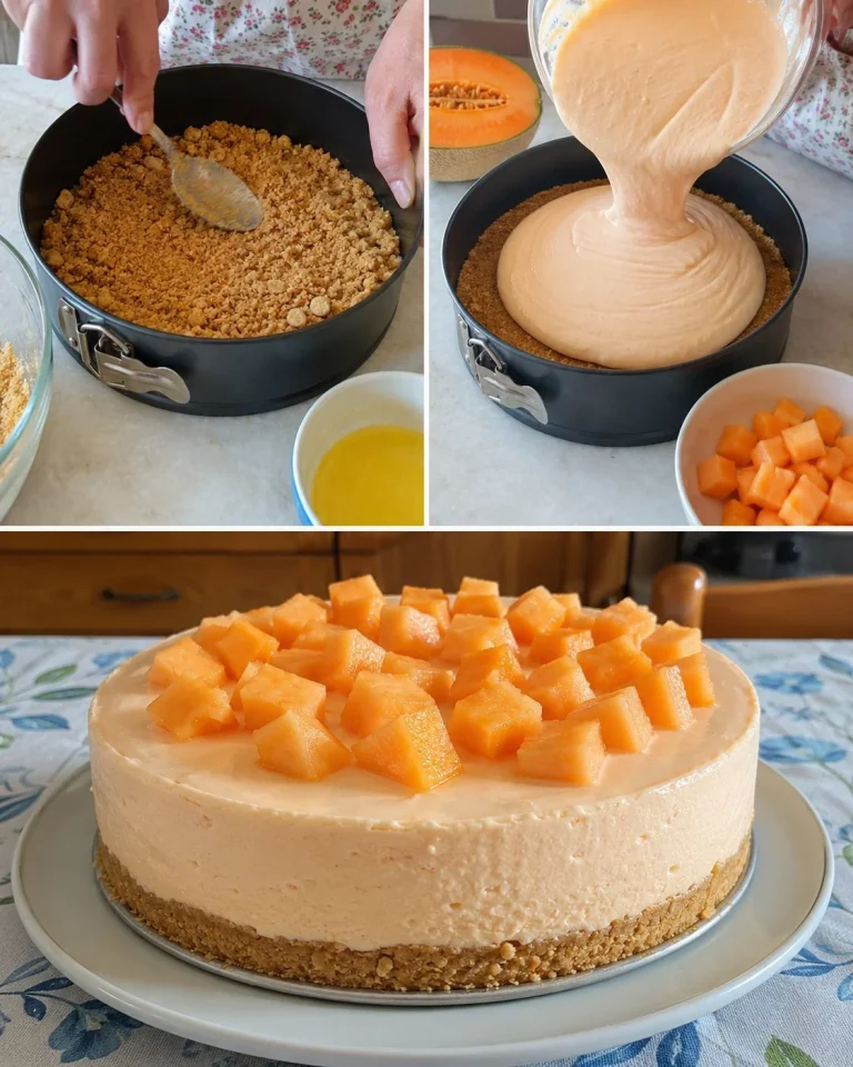 Cold yogurt and melon cake topped with fresh fruit slices
