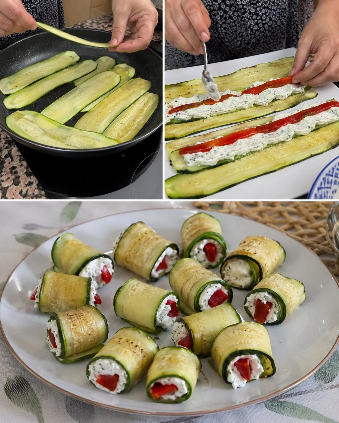 Cold zucchini rolls filled with fresh cheese and pepper on a plate