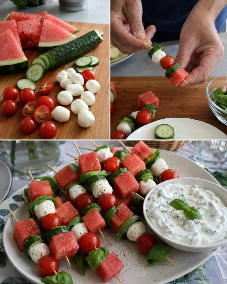 Colorful watermelon and vegetable skewers with basil quark cheese.