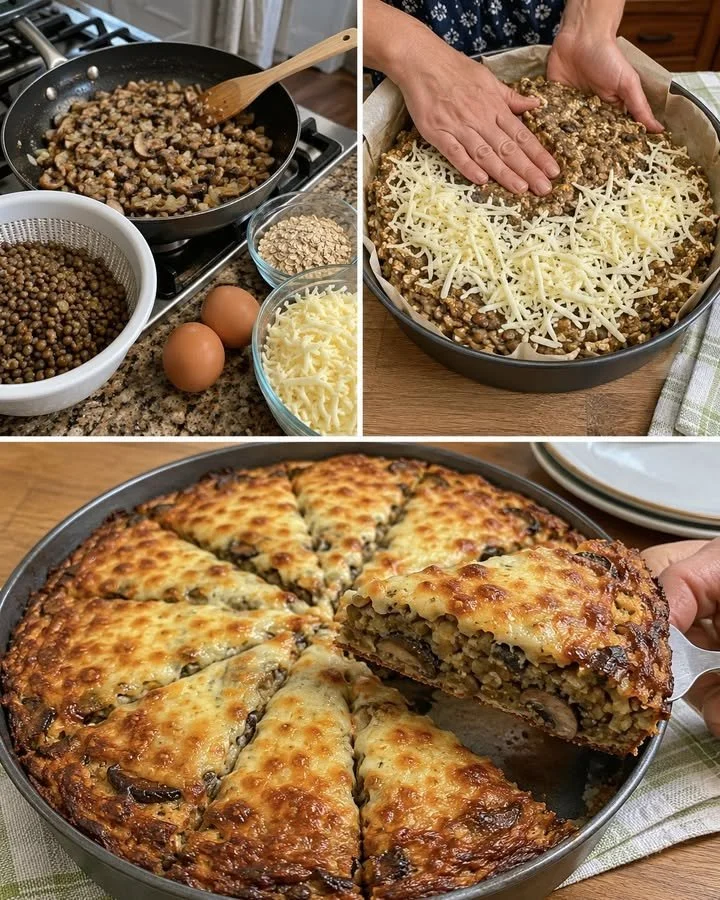 Delicious Lentils and Mushrooms Casserole with melted mozzarella cheese on top