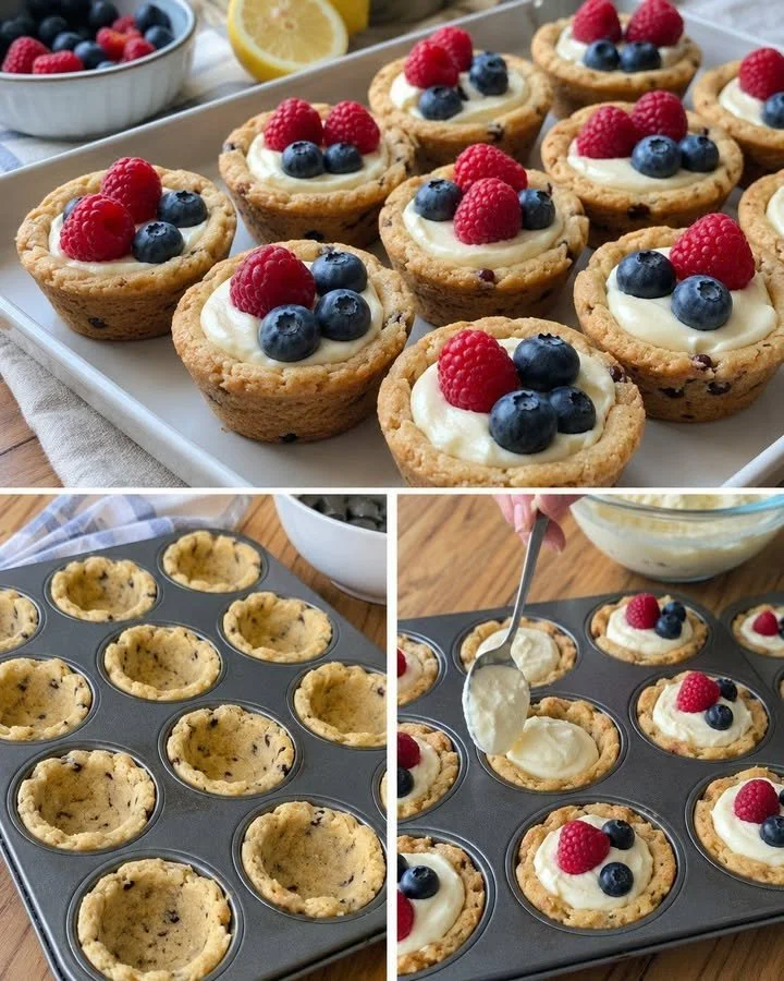 Cookie tartlets with creamy lemon filling and fresh berries on top.