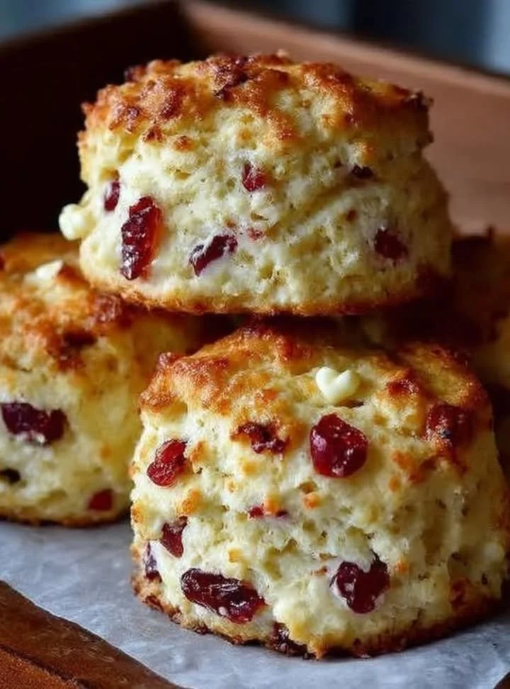 Freshly baked cranberry orange scones with a golden crust and vibrant cranberries