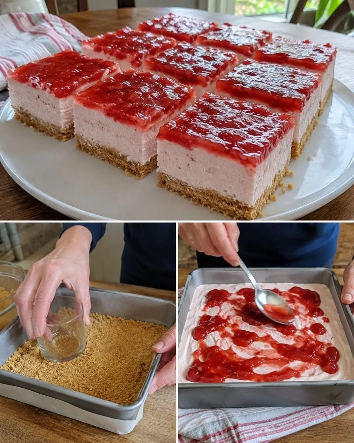 Delicious creamy and light berry squares with fresh berries on top