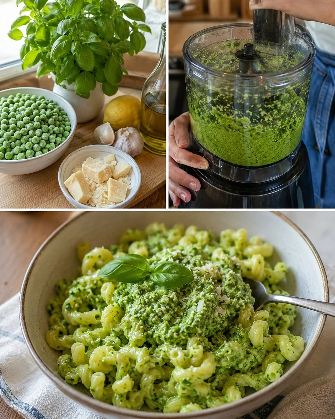Creamy basil and peas pesto sauce ready to serve over pasta.