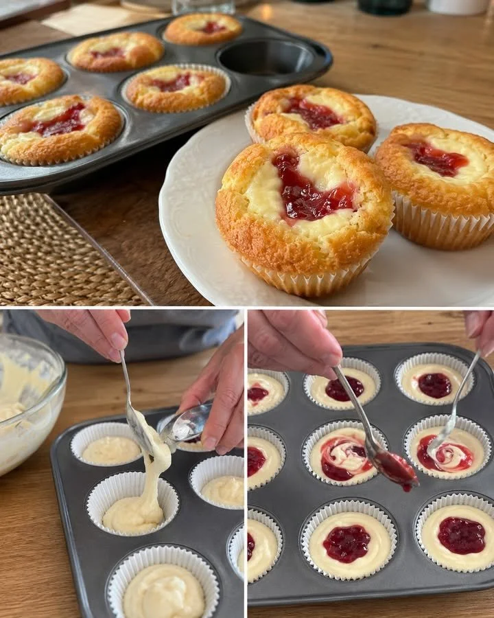 Delicious creamy cheesecake muffins topped with fresh strawberries