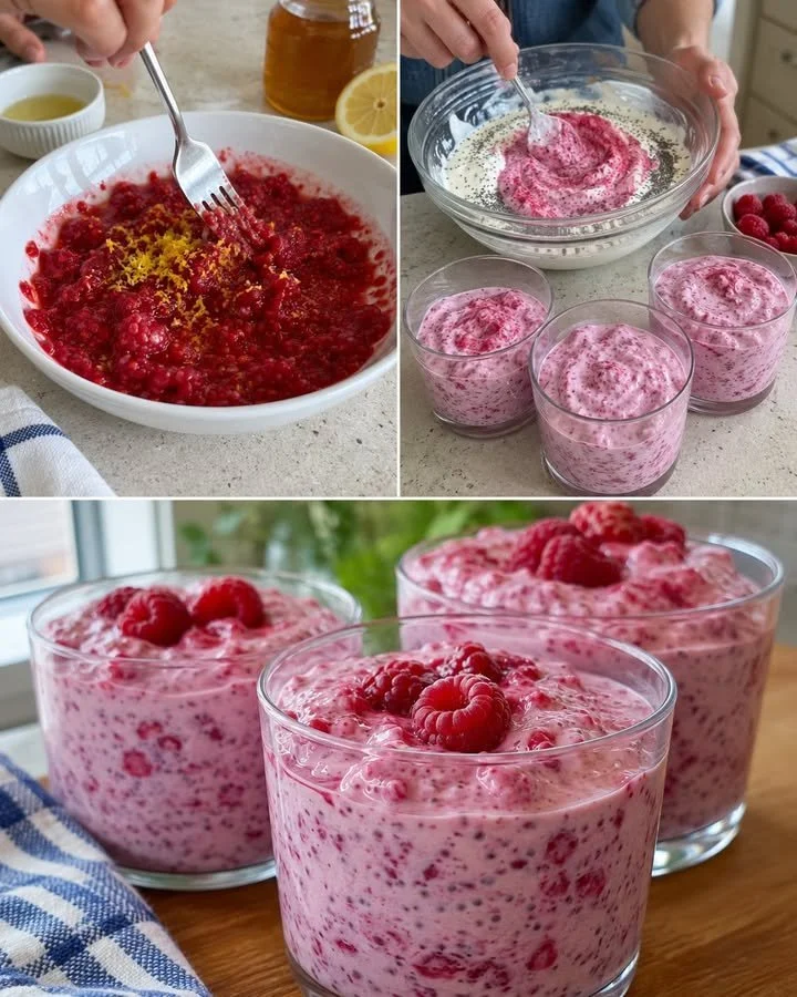 Creamy chia cup with raspberries and lemon garnish
