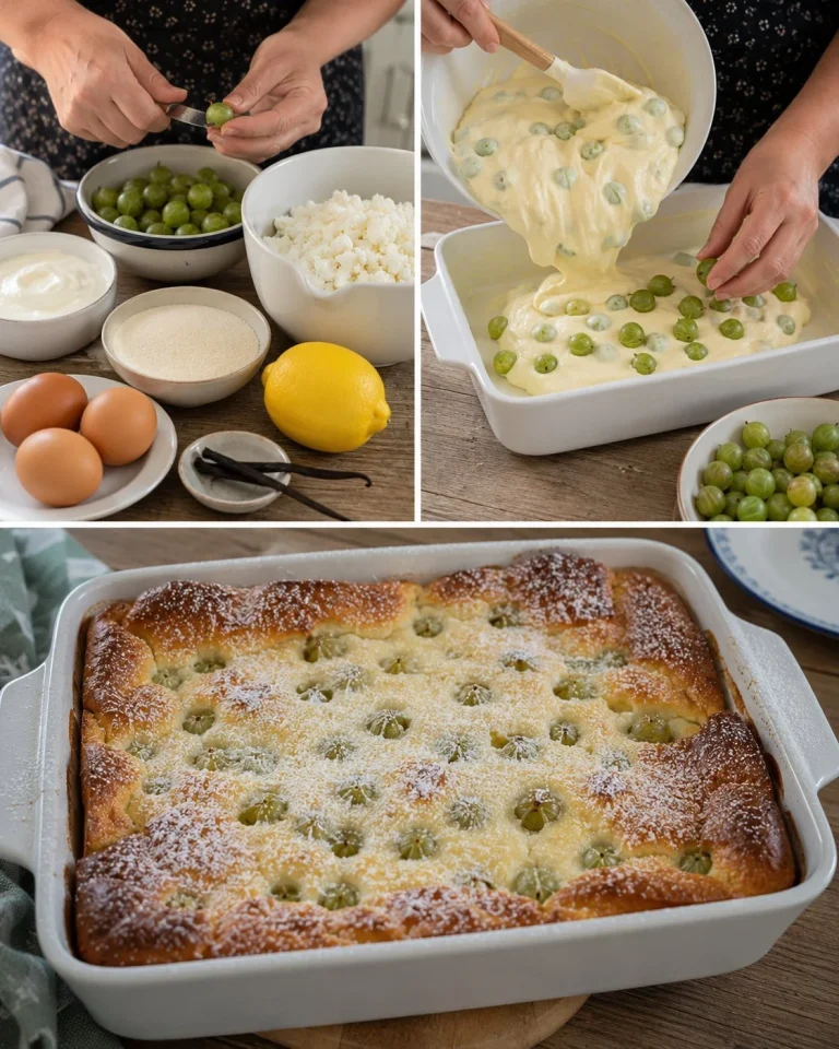Delicious creamy Gooseberry Quark Casserole served in a dish