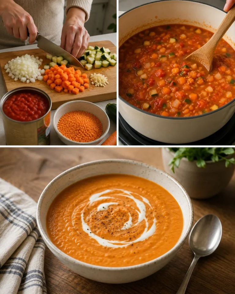 Bowl of creamy lentil tomato soup with herbs and a rustic spoon