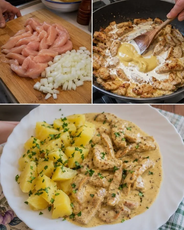 Creamy mustard sauce served with crispy chicken strips on a plate