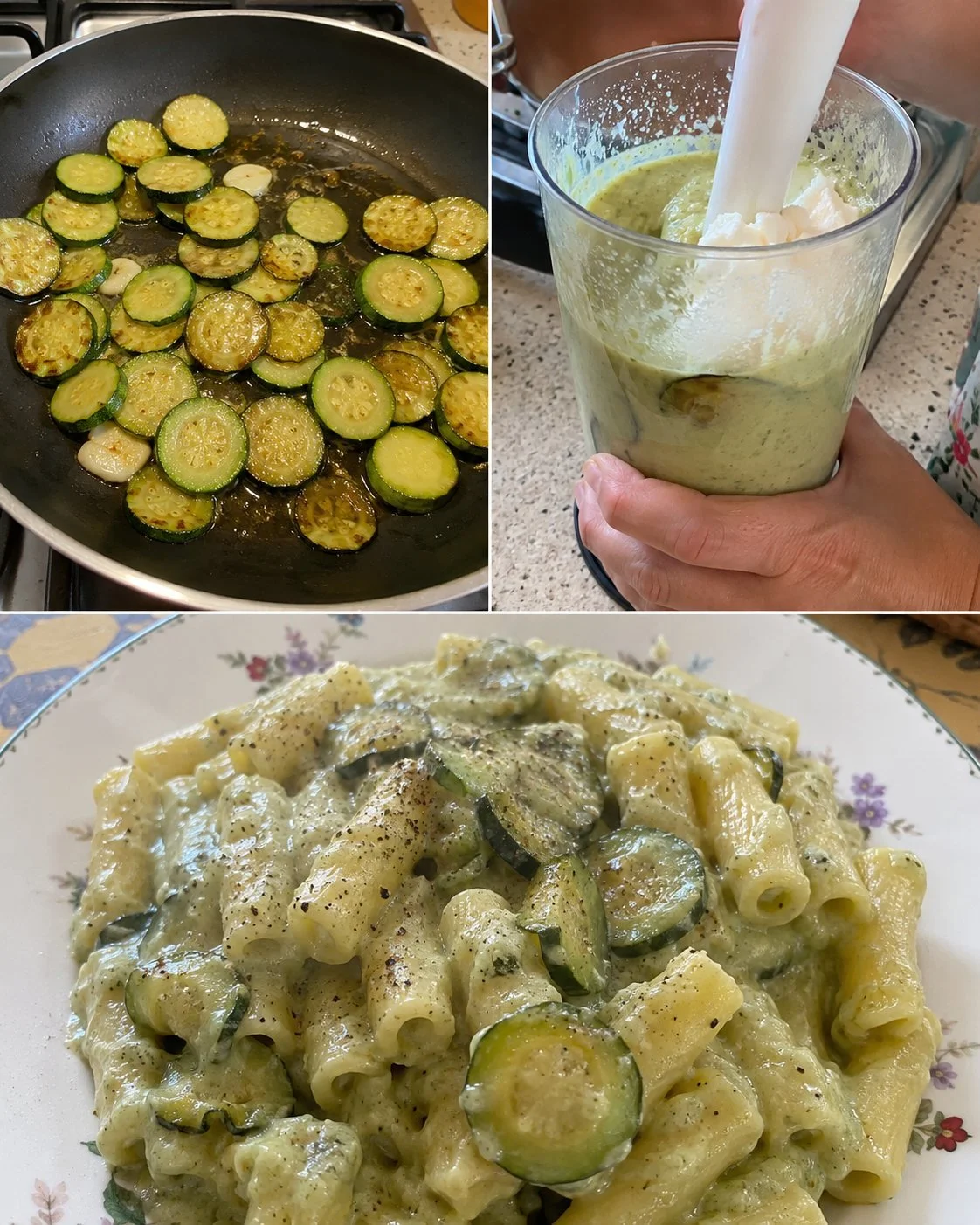 Creamy pasta with zucchini and robiola served in a bowl