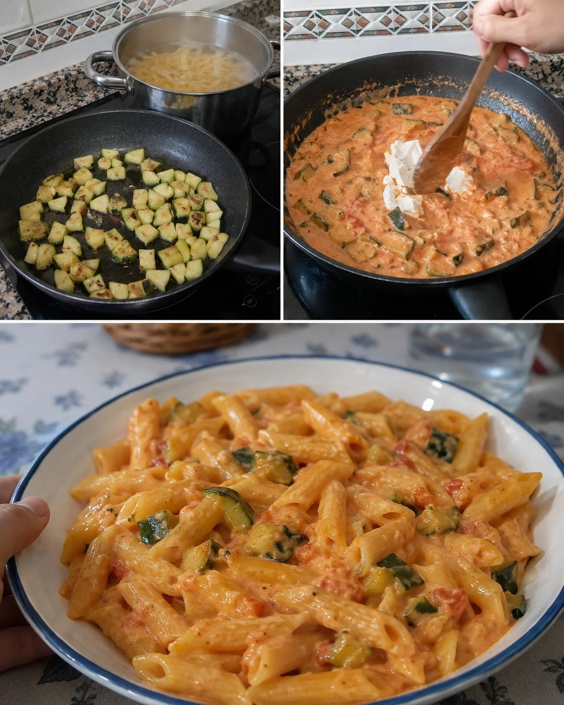 Delicious creamy Tomato Zucchini Macaroni topped with fresh herbs