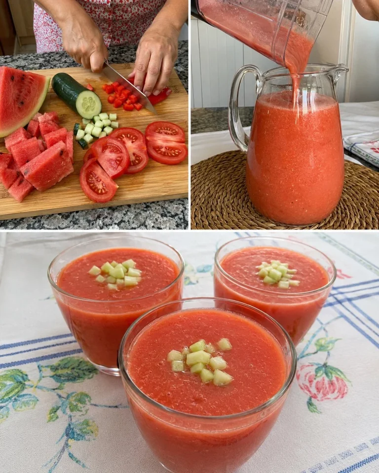 Bowl of creamy watermelon and tomato gazpacho garnished with herbs
