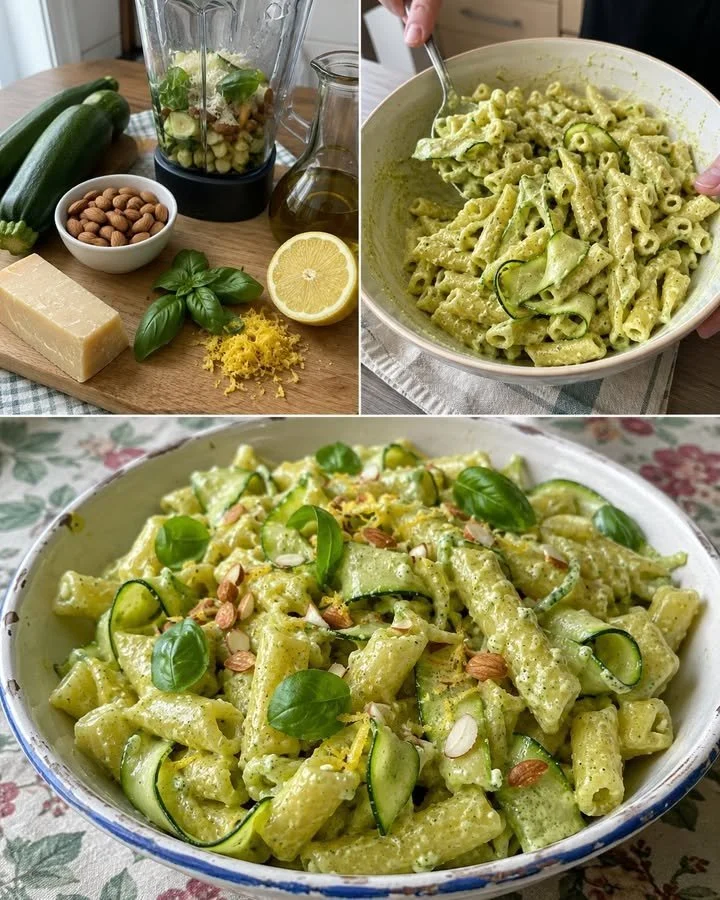 Creamy zucchini and almond pesto in a bowl with fresh basil