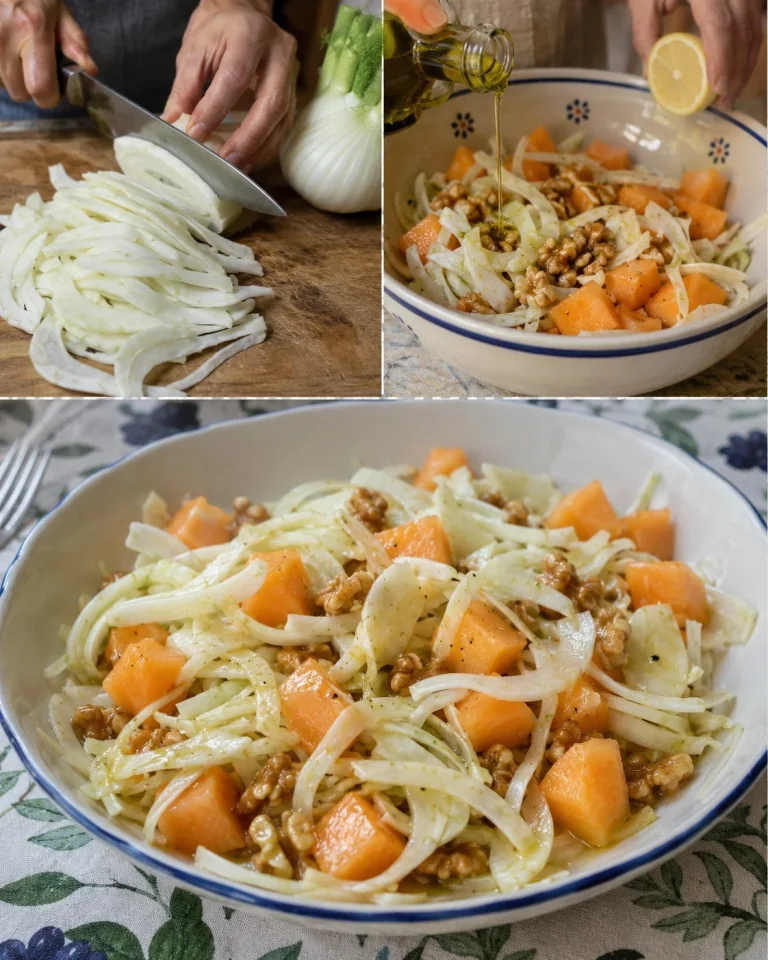 Crisp fennel and melon salad in a bowl topped with fresh herbs.