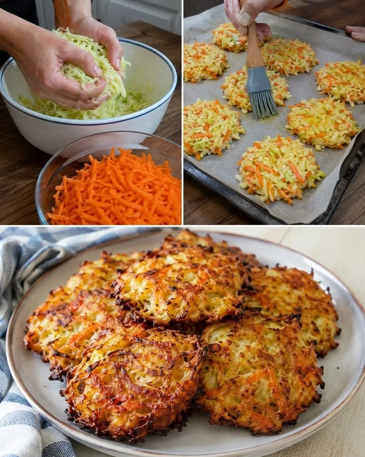 Crispy baked cabbage and carrot fritters on a plate