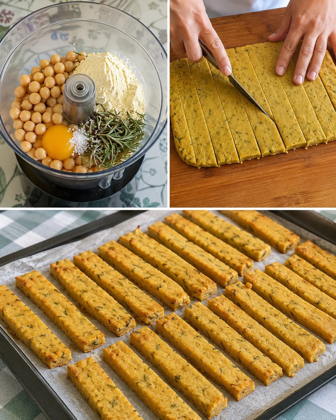 Crispy chickpea and rosemary sticks served in a bowl.