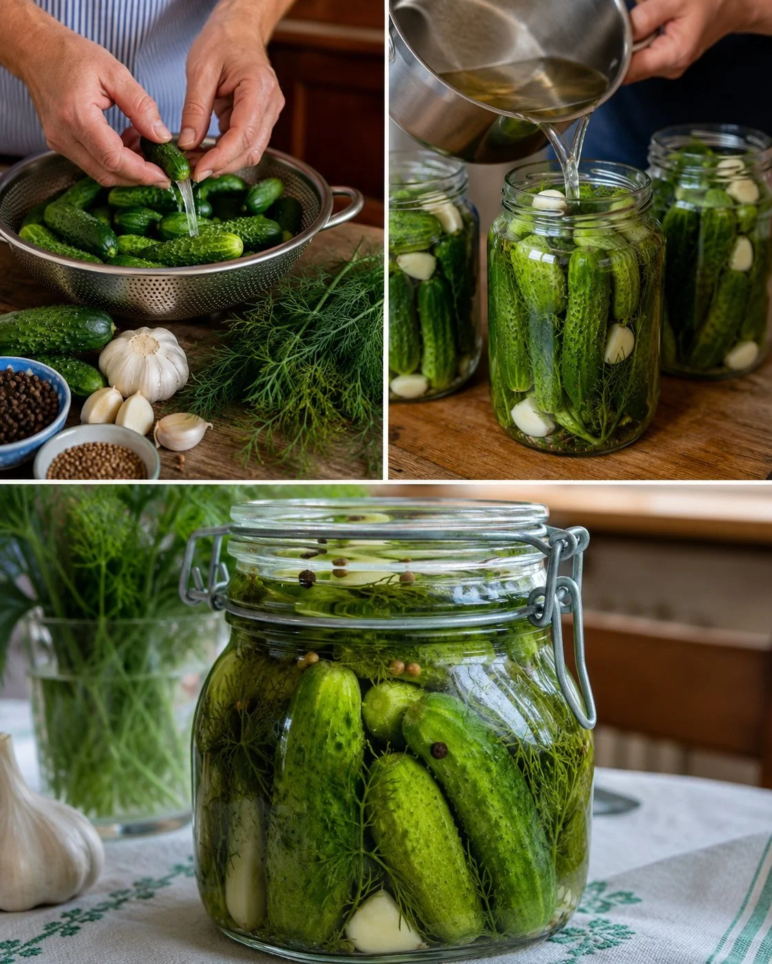Homemade crispy dill pickles arranged in a jar with cucumbers and spices
