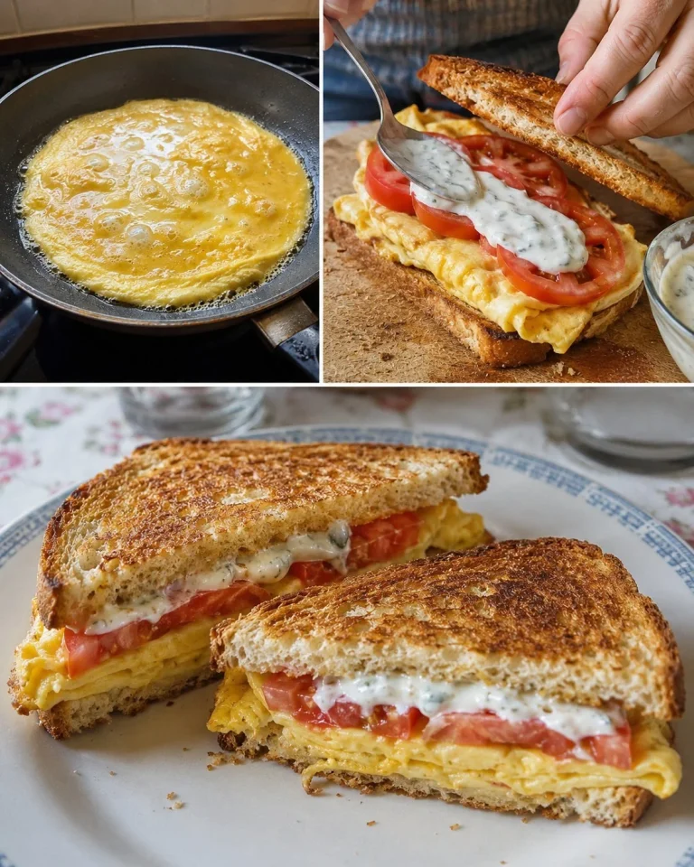 Crispy French omelette sandwich topped with tomato and yogurt sauce on a plate.