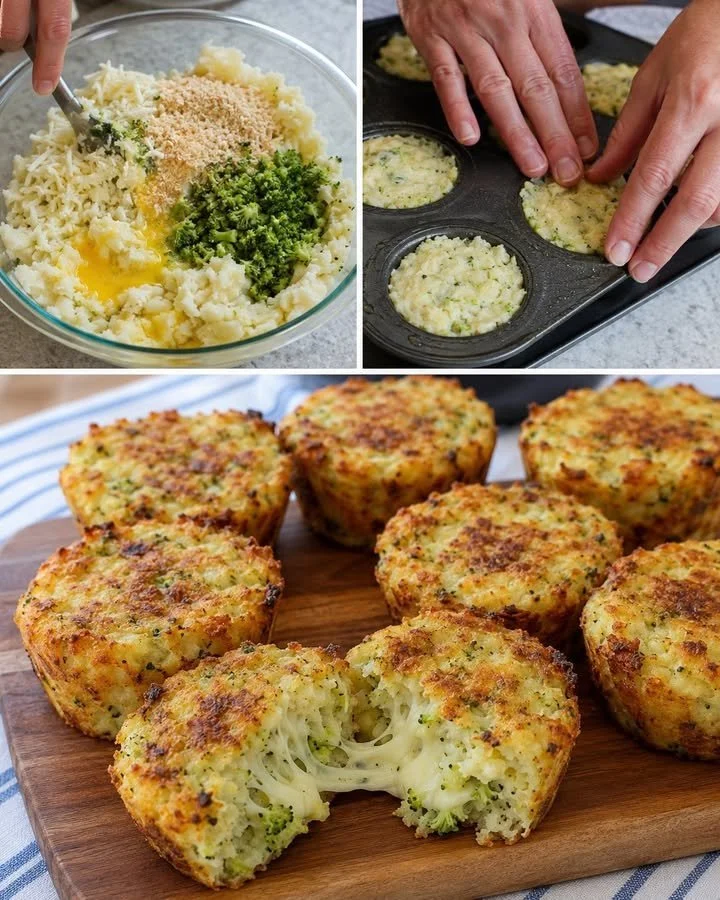 Crispy potato cups filled with broccoli and melted mozzarella cheese