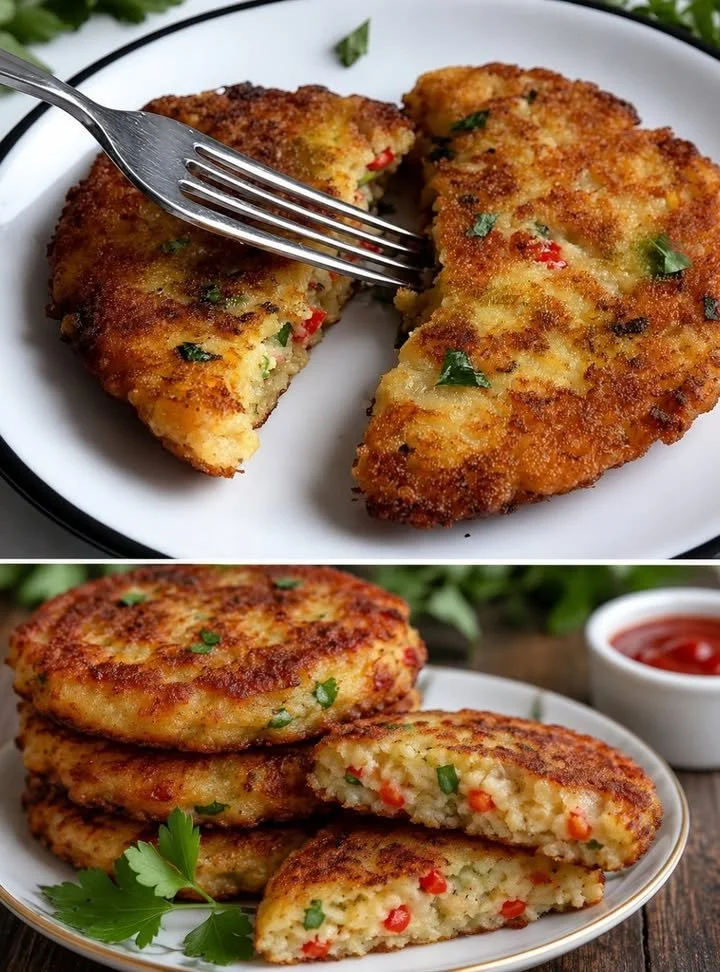 Crispy potato cutlets served with a yogurt dip on a plate