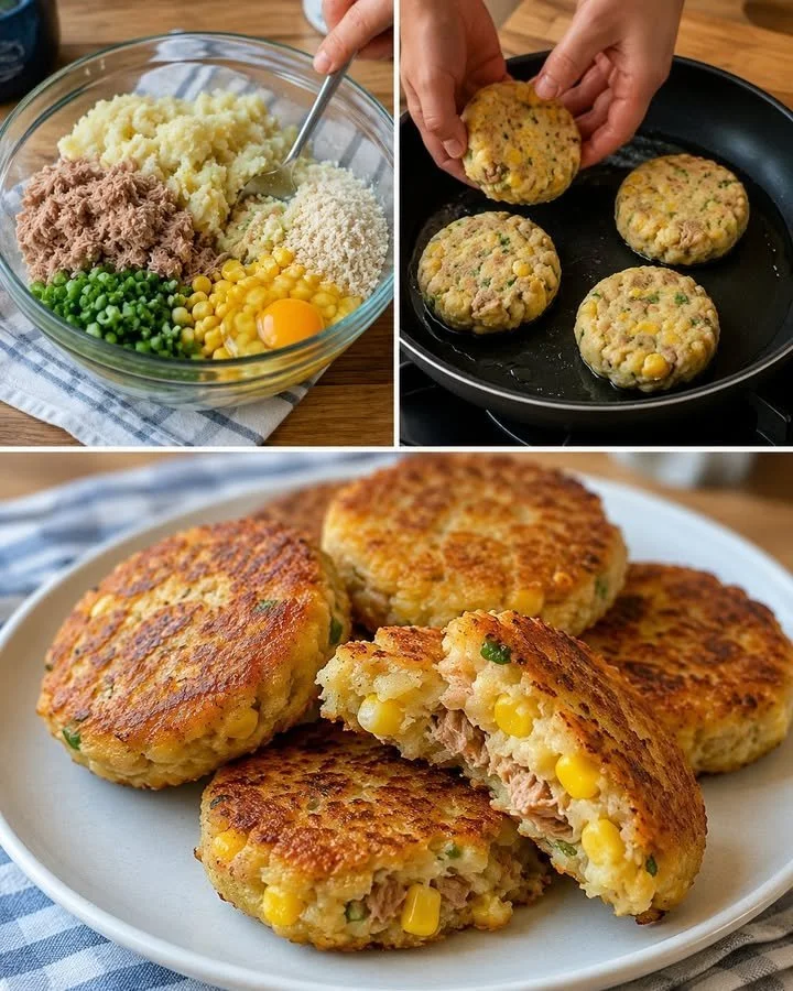 Crispy tuna patties with corn and potato on a plate, ready to serve