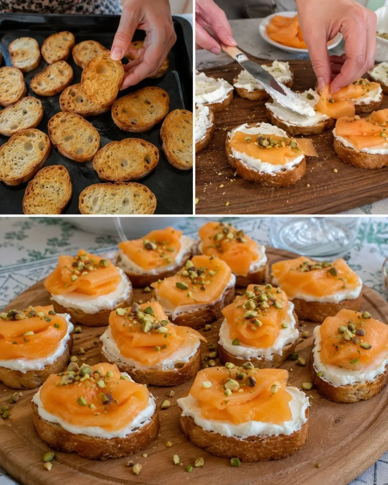 Crostini with melon, Robiola cheese, and pistachios on a wooden platter.