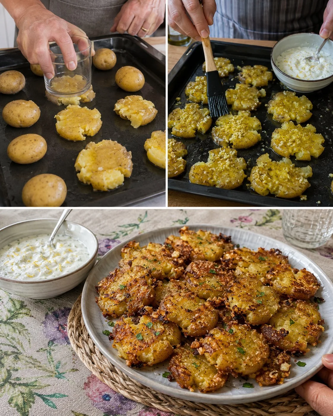 Plate of crushed potatoes topped with garlic and yogurt sauce