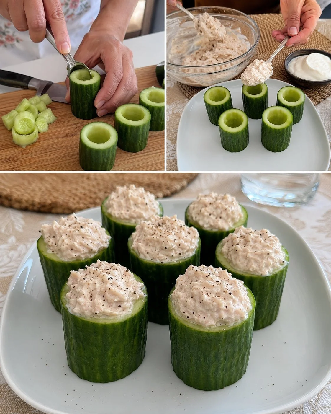 Delicious cucumber cups filled with tuna and yogurt cream topping