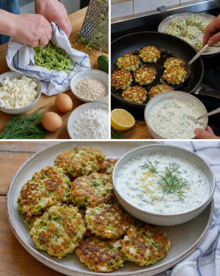 Cucumber feta patties served on a plate with fresh herbs