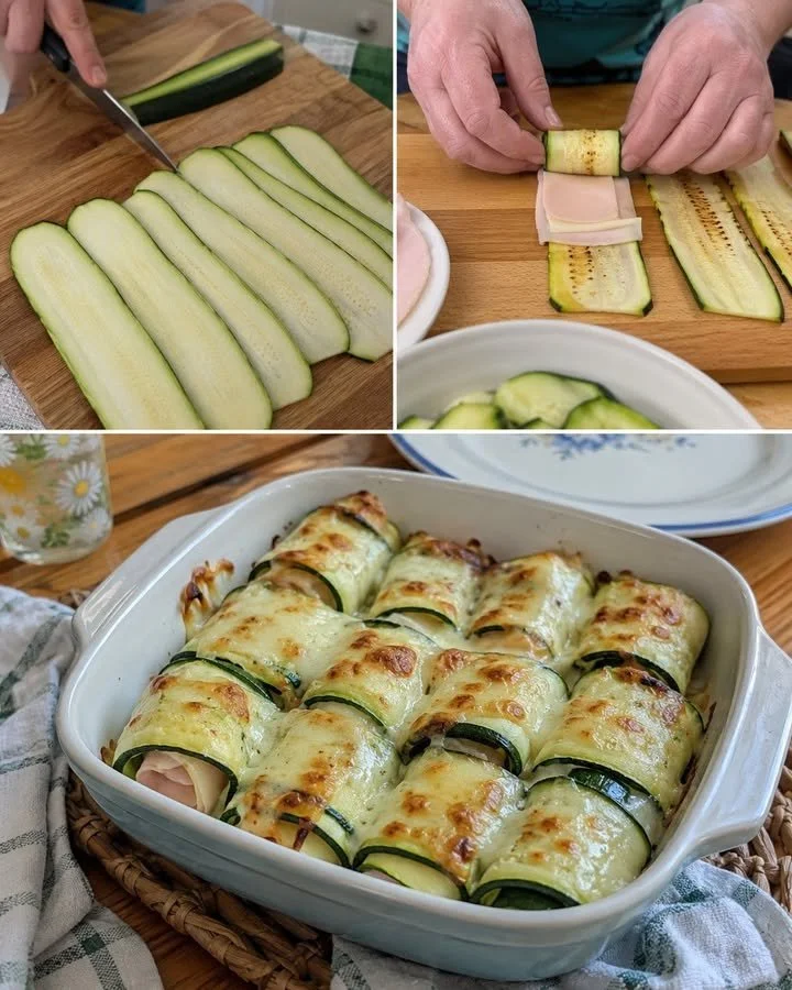 Cucumber rolls filled with ham and cheese, a refreshing and tasty snack.