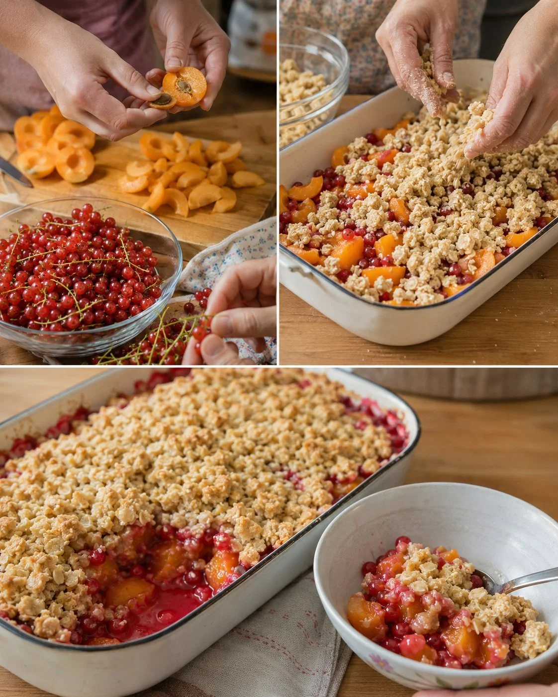 Delicious currant apricot crumble dessert in a baking dish