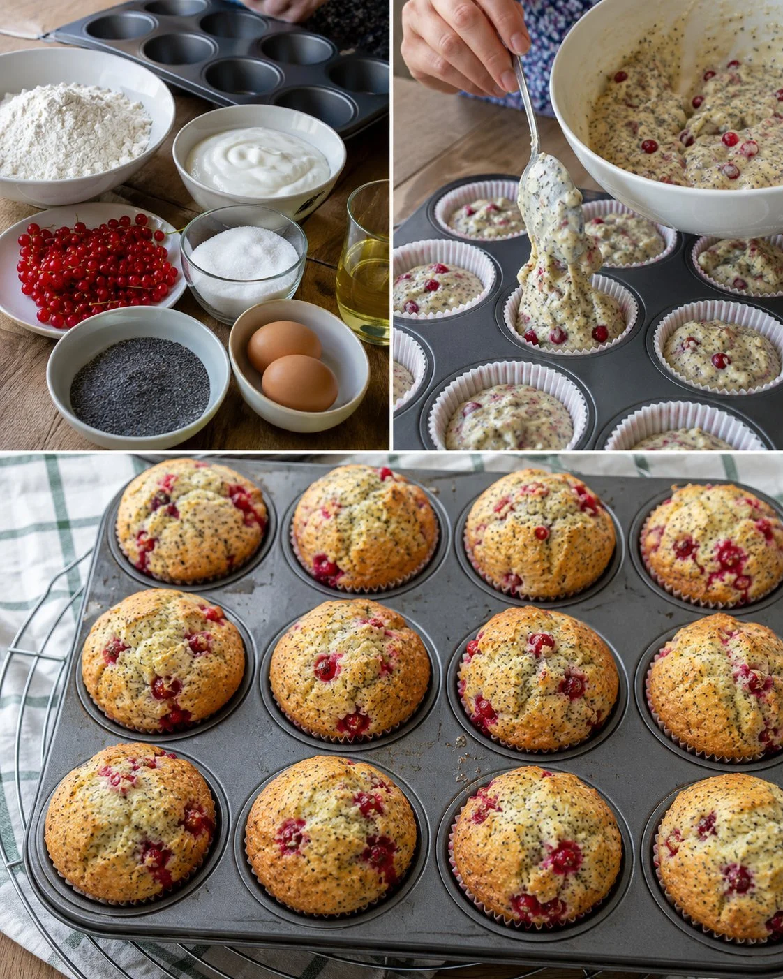 Freshly baked currant and poppy seed muffins on a wooden table.