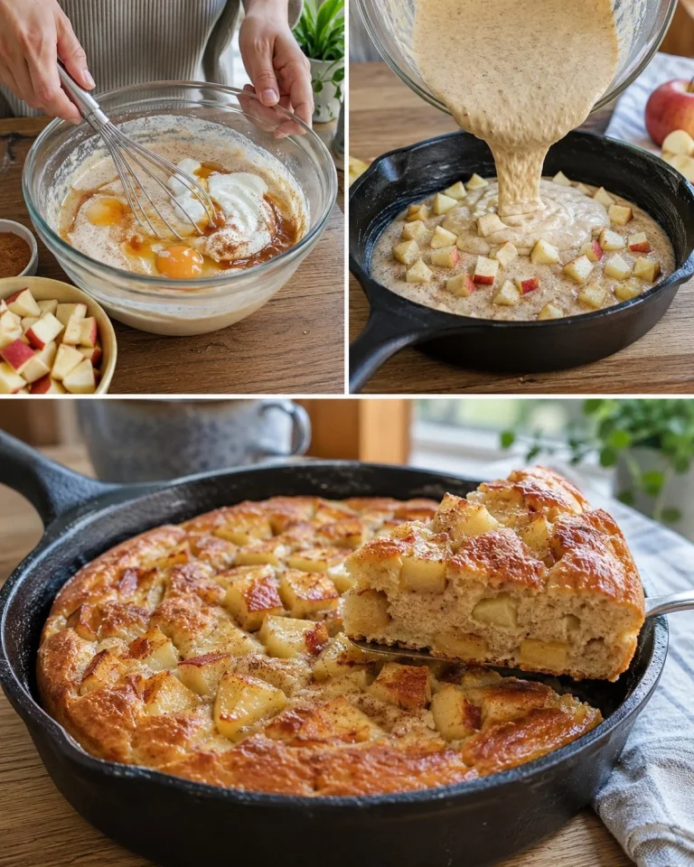 Easy apple cinnamon yogurt skillet cake served in a skillet with apples and cinnamon.