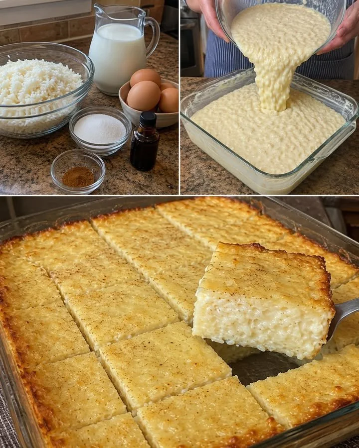 Delicious baked rice pudding topped with a sprinkle of cinnamon and served in a bowl