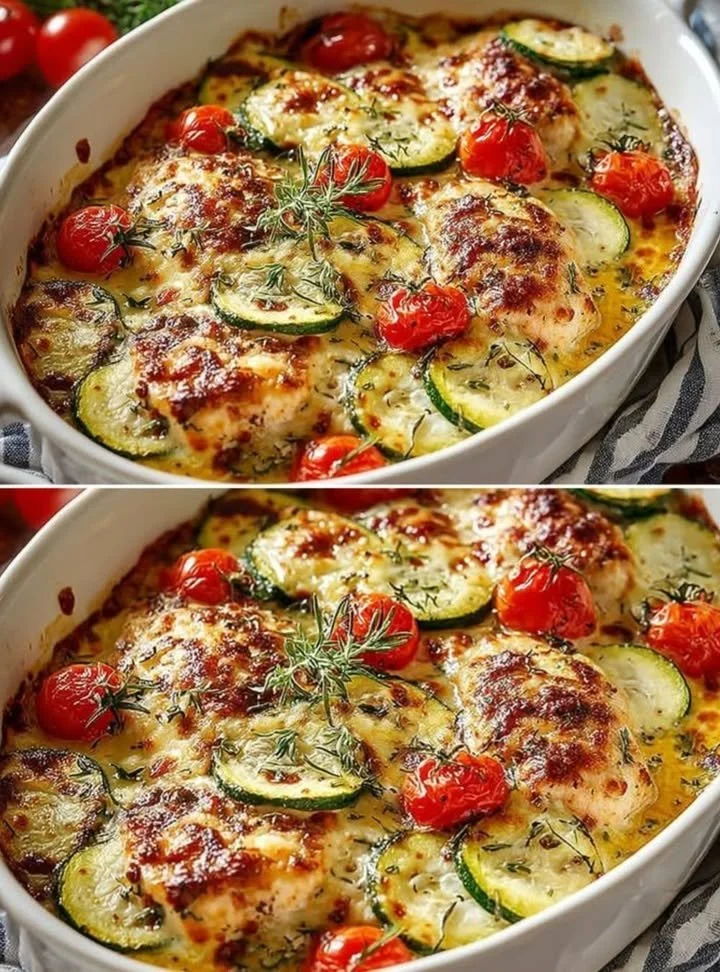 Delicious easy baked zucchini and chicken with feta on a plate