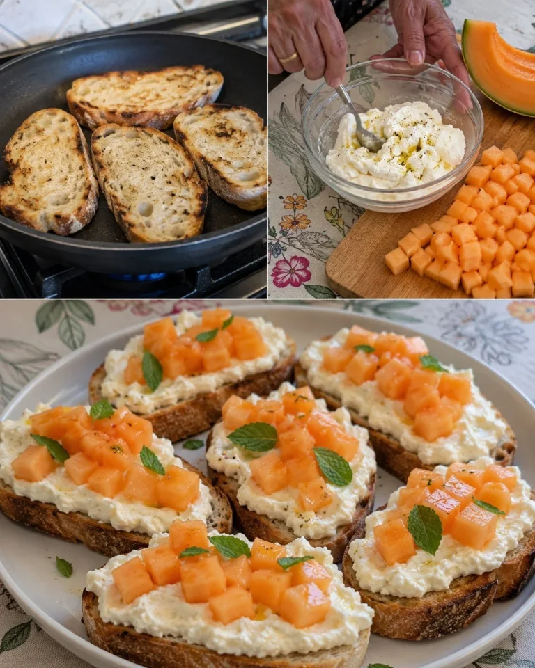 Easy bruschette topped with ricotta cheese and fresh melon slices
