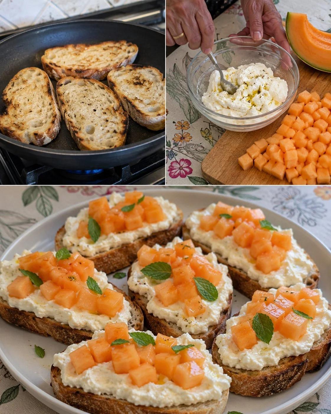Easy bruschette topped with ricotta cheese and fresh melon slices