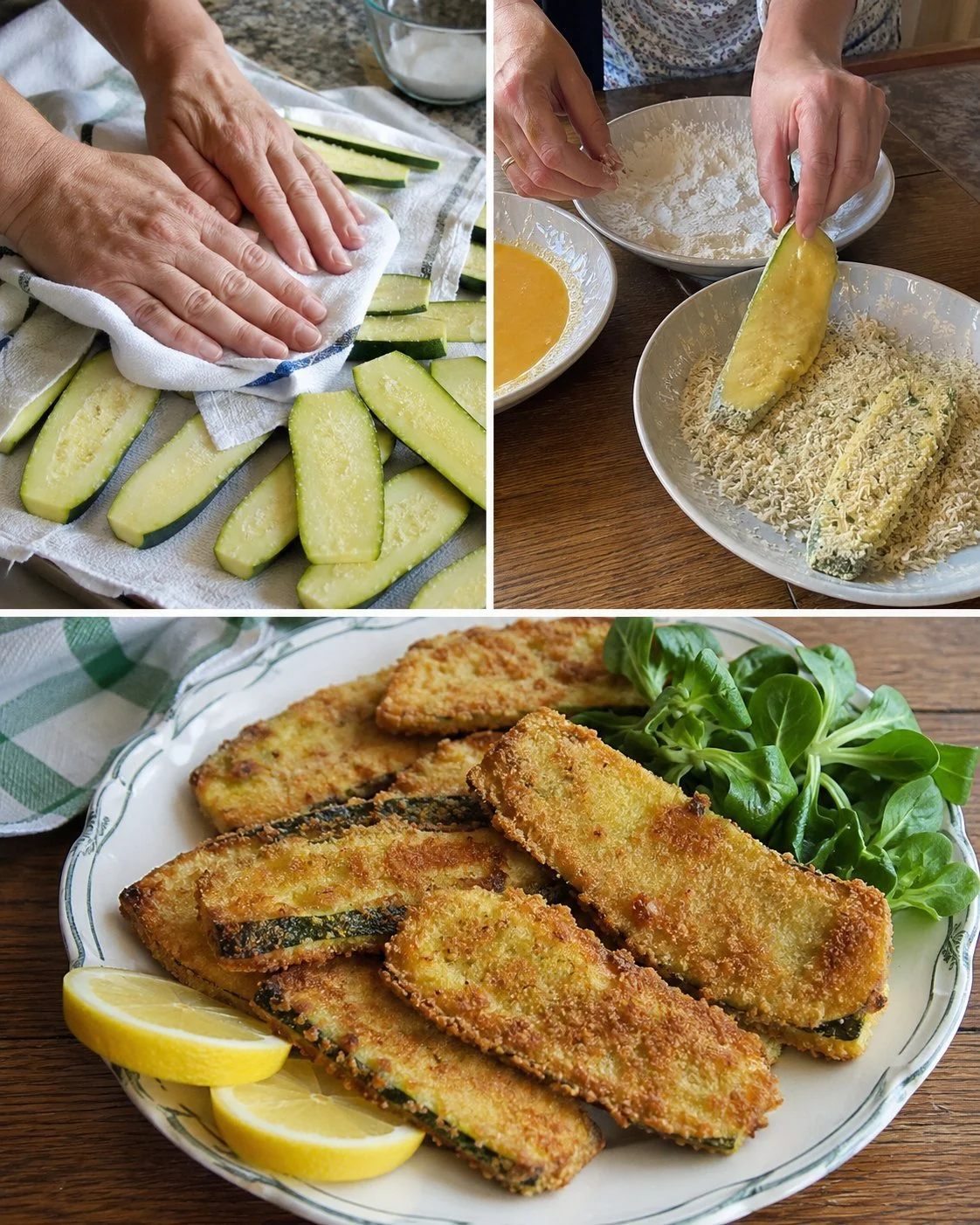 Crispy zucchini schnitzel served on a plate with dipping sauce