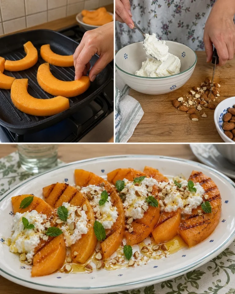 Easy grilled melon with ricotta and honey served on a plate