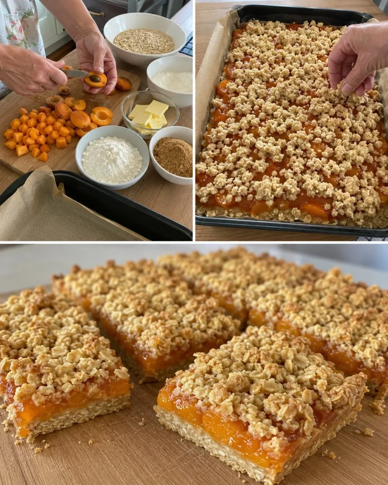 Fresh apricot crumble bars ready to enjoy on a wooden table