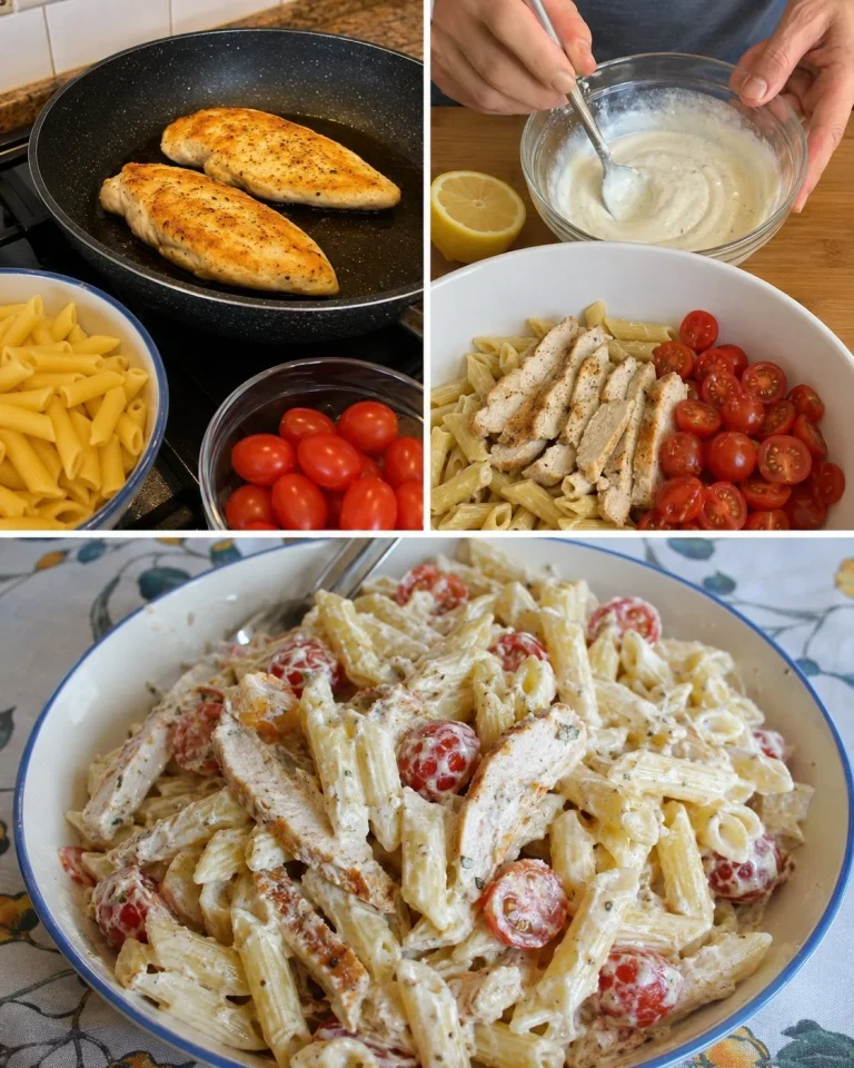 Easy pasta salad with chicken garnished with fresh vegetables and herbs