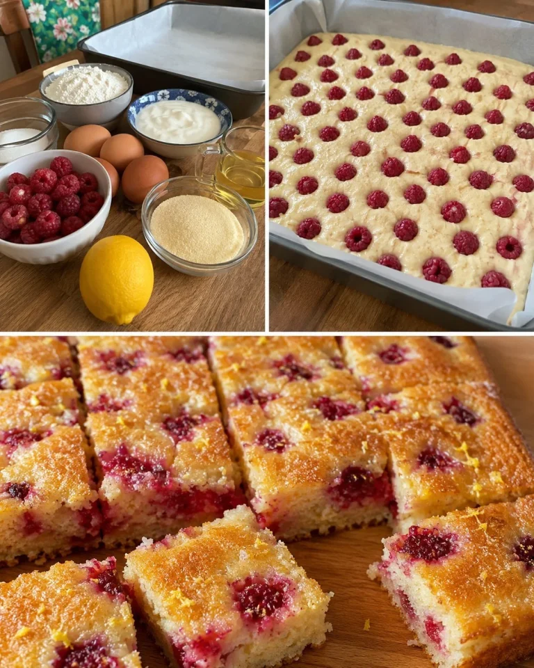Delicious easy raspberry lemon semolina cake served on a plate