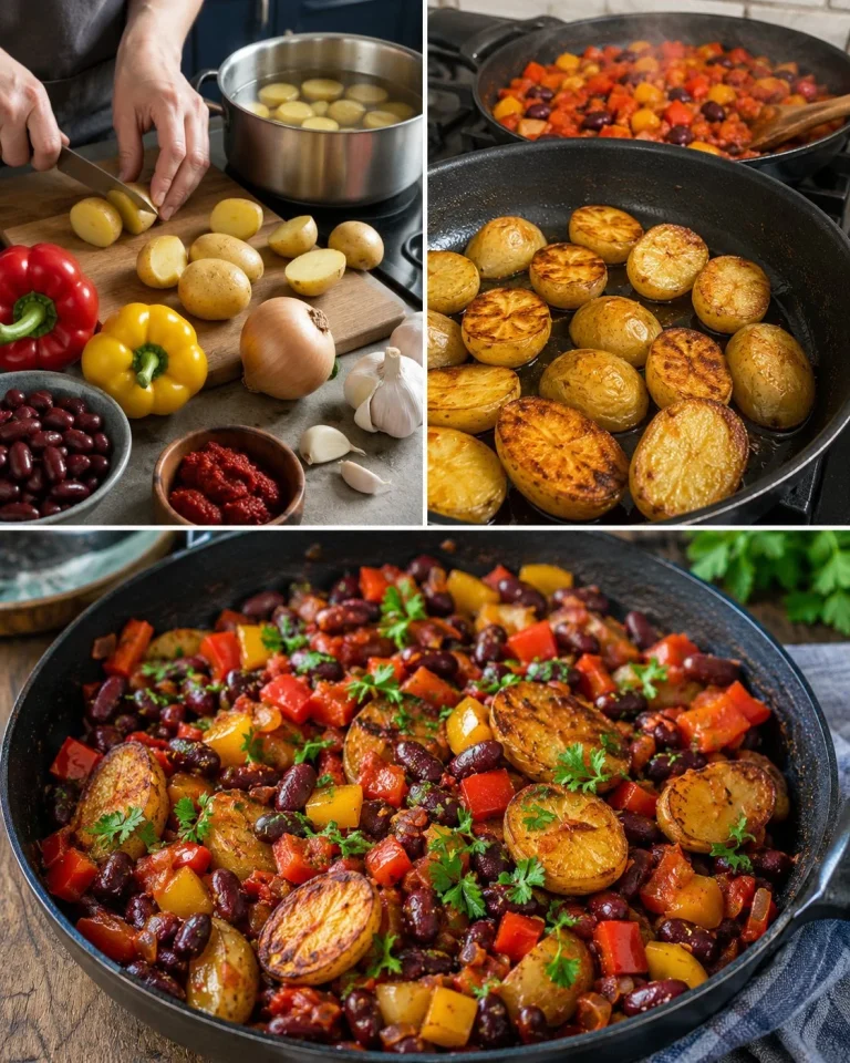 A colorful Easy Vegan Pepper Bean Skillet topped with fresh herbs in a frying pan.