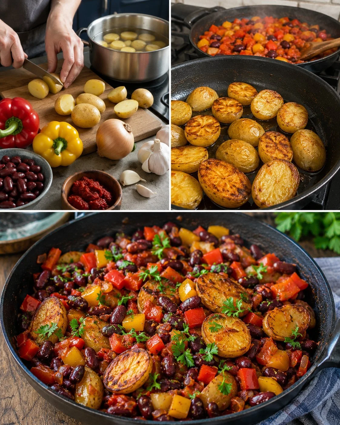 A colorful Easy Vegan Pepper Bean Skillet topped with fresh herbs in a frying pan.