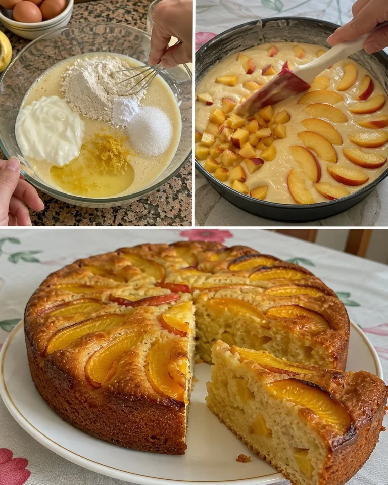Slice of easy yogurt lemon peach cake with fresh peaches and lemon zest.