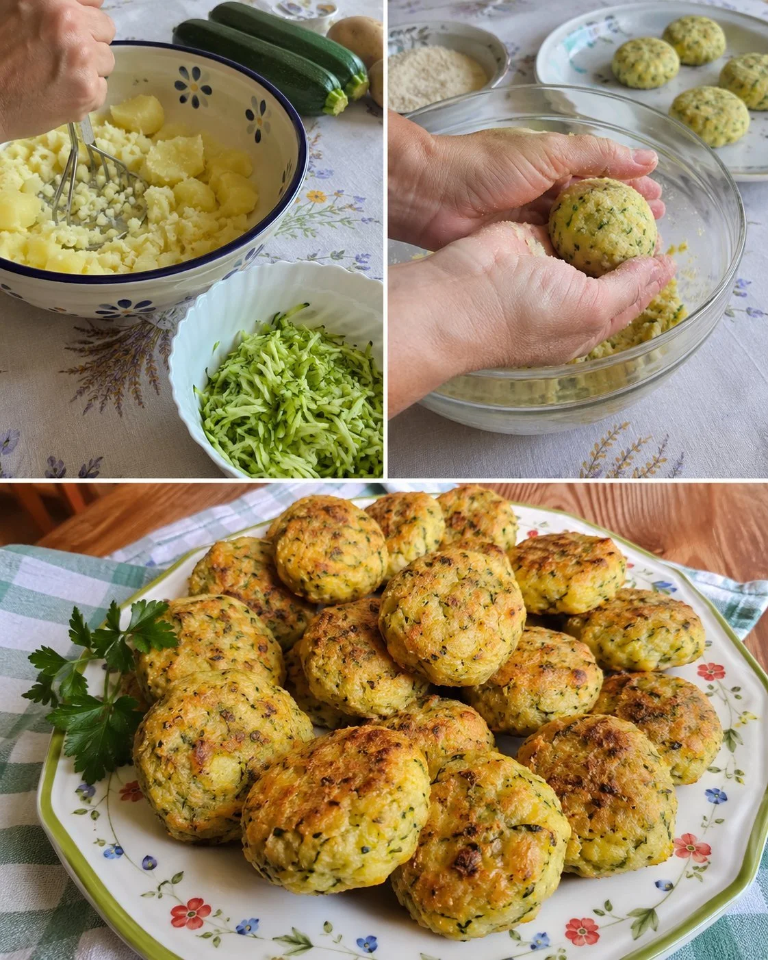 Delicious zucchini and potato patties served on a plate with garnish.