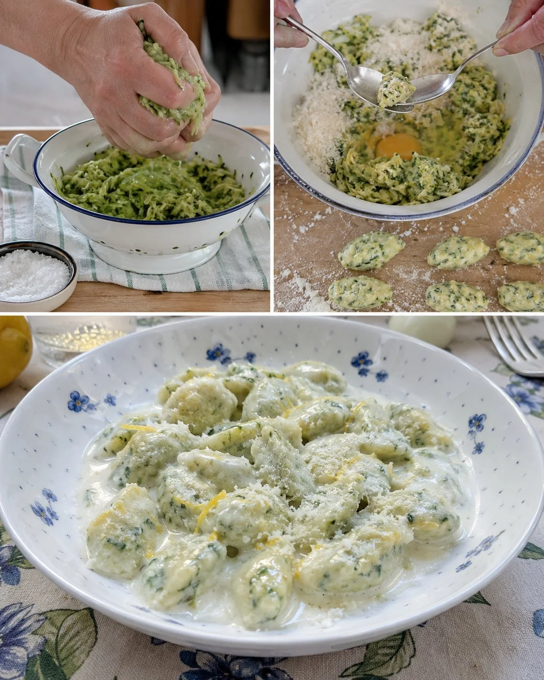 A plate of homemade zucchini gnocchetti pasta topped with fresh herbs.
